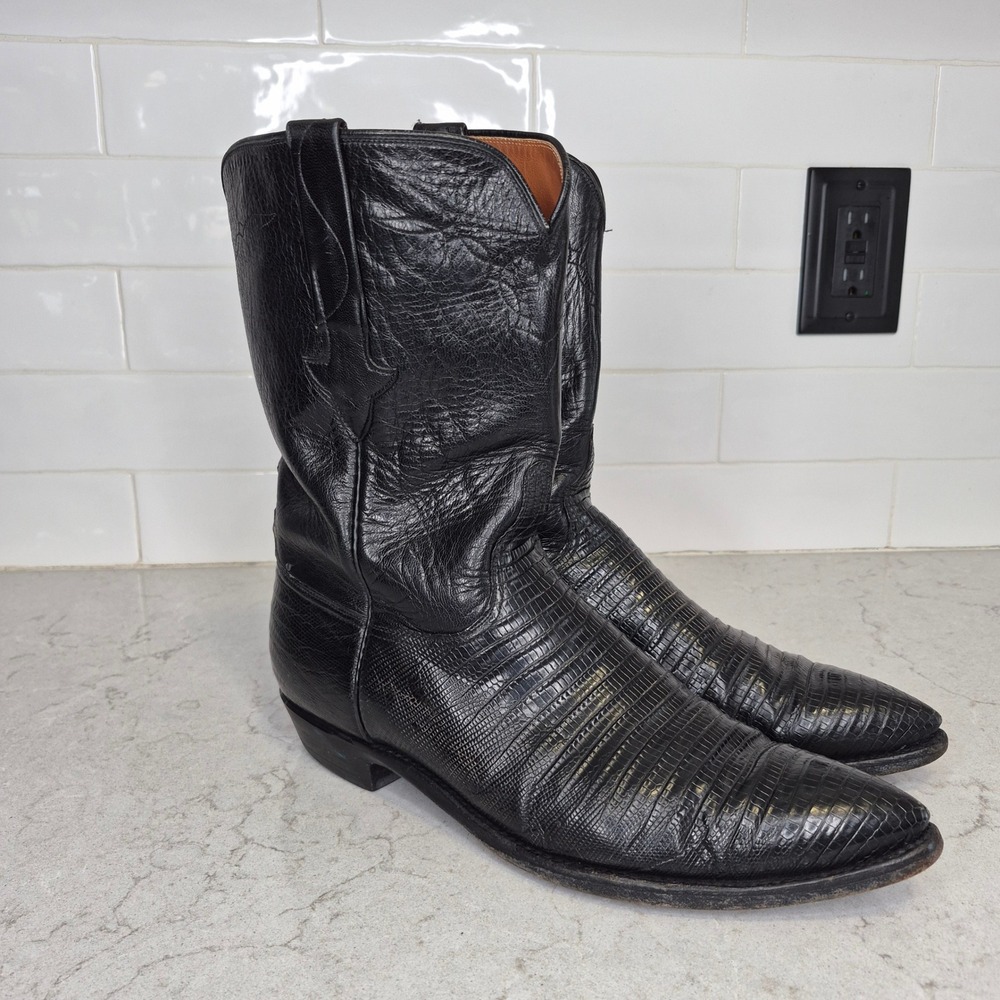 Vintage Lucchese Black Teju Lizard Cowboy Western Boots Men's 9.5 E Made USA